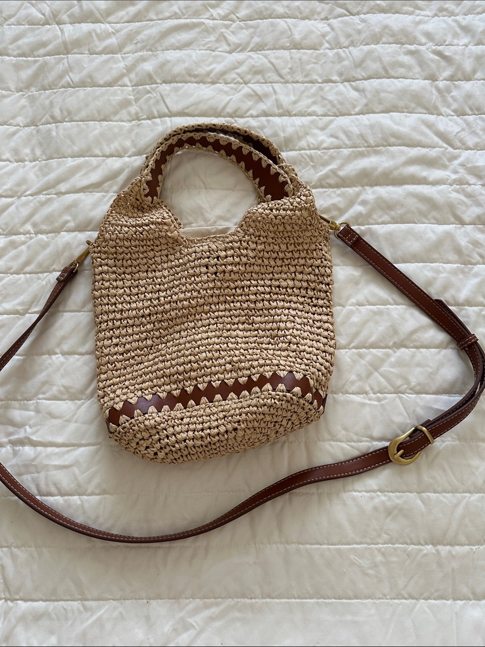 Mango Beige Woven Straw Crossbody with Brown Trim